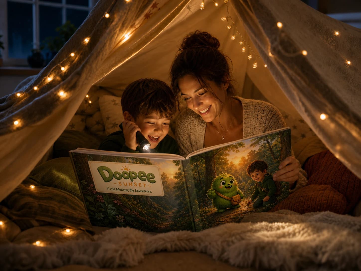 A mother and child enjoying a personalized square Doopee Sunset storybook inside a cozy blanket fort