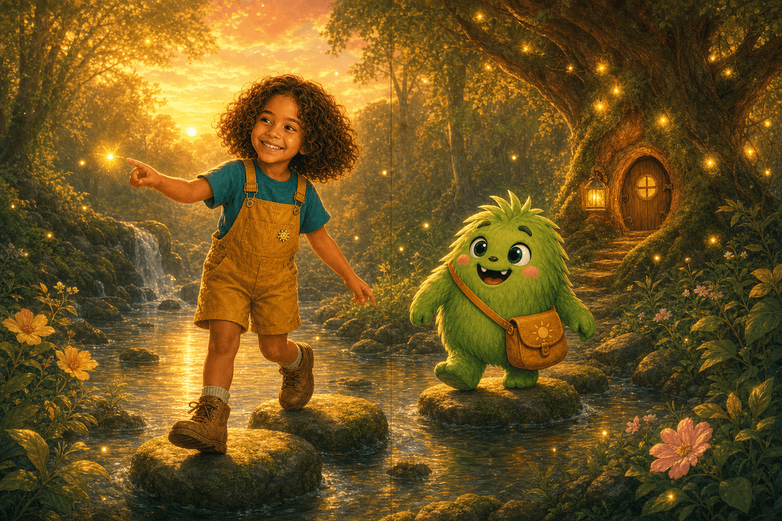 A finished two-page adventure spread featuring the child and Doopee